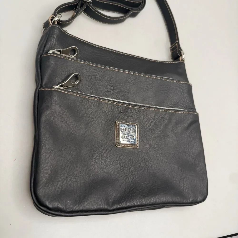 Relic Black Faux Leather Crossbody Organizer Purse Silver Hardware 9x9x1